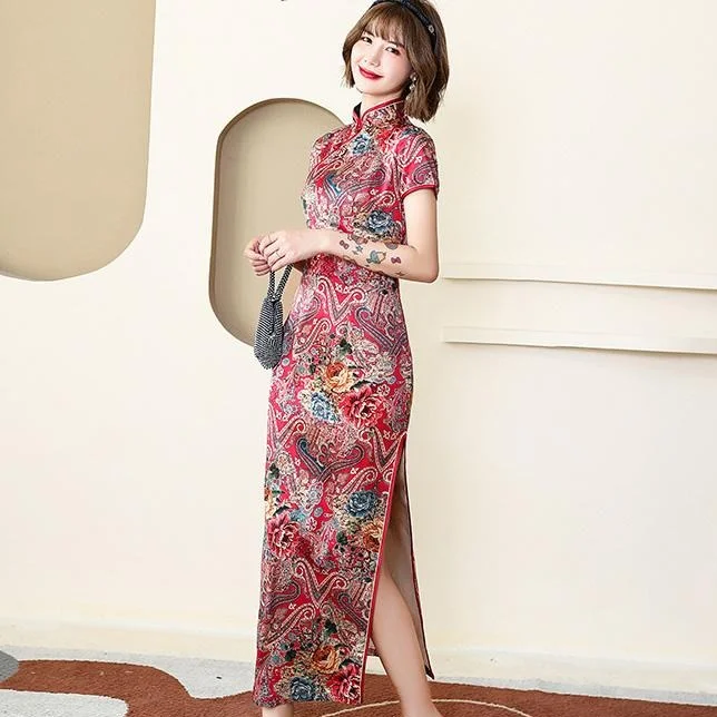 Traditional Cheongsam Full Length Floral Silk Chinese Dress